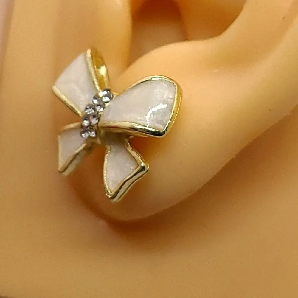 Ivory Bow Stud Earrings Gold Rhinestone Ribbon Elegant Coquette Jewelry